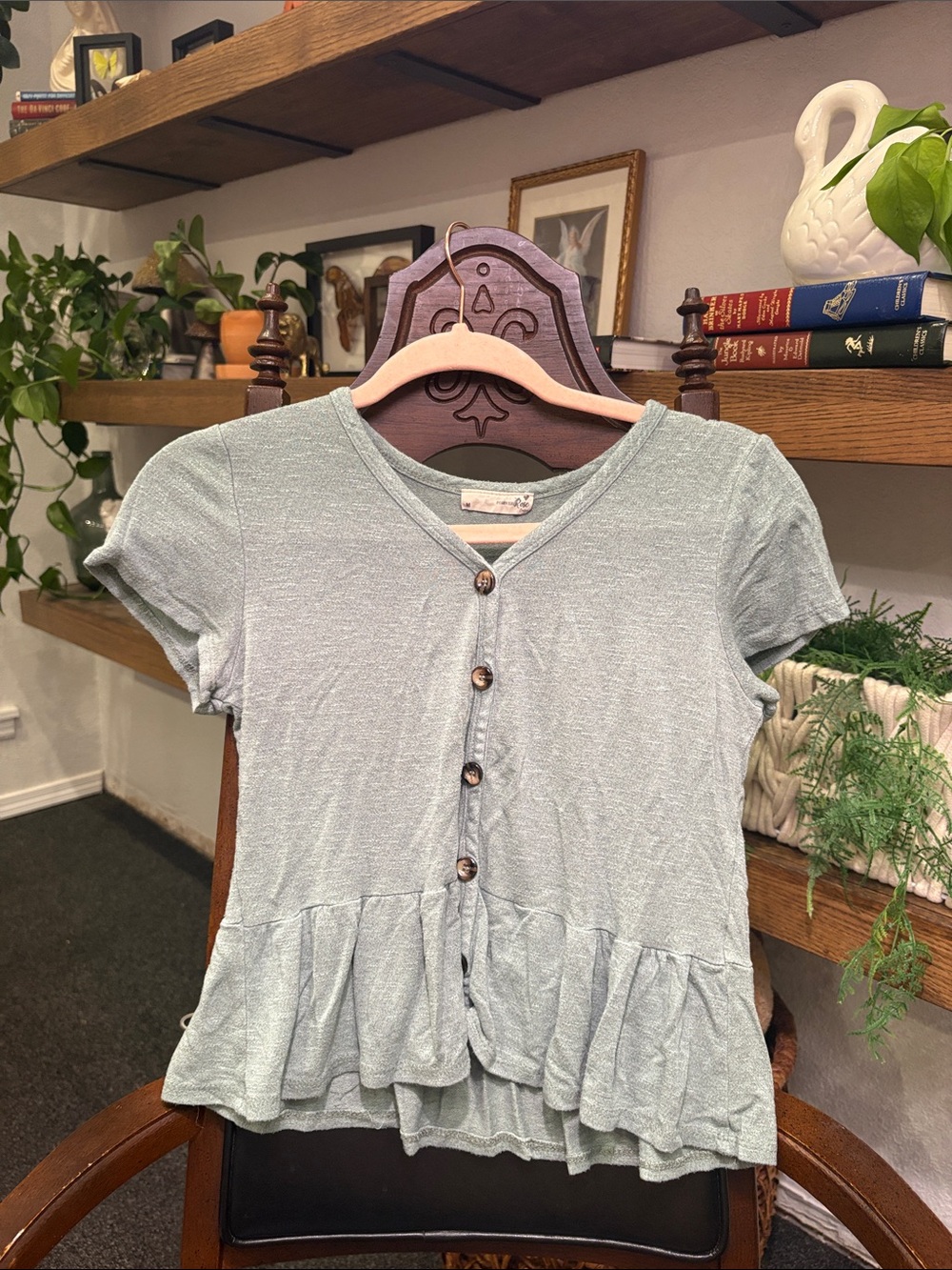 Light Sage Green Short Sleeve Button-Front Peplum Top